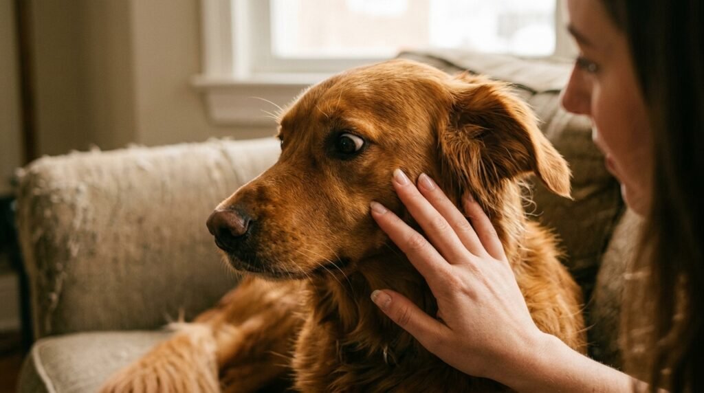 close-up of dog showing whale eye and lip licking stress signals