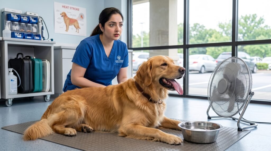 Golden Retriever showing excessive panting after summer activity as owner checks for overheating