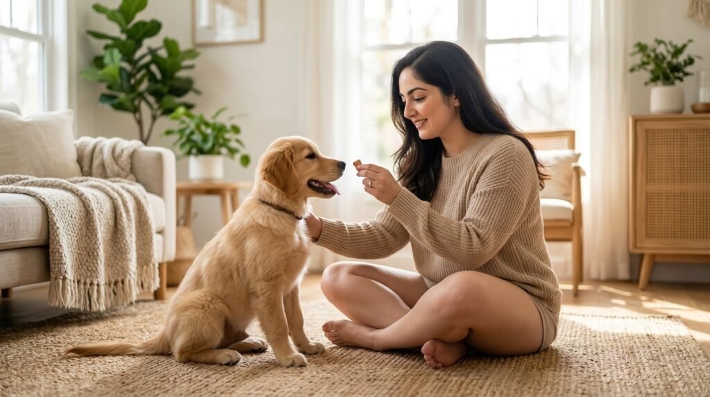 woman using positive reinforcement to calm anxious dog