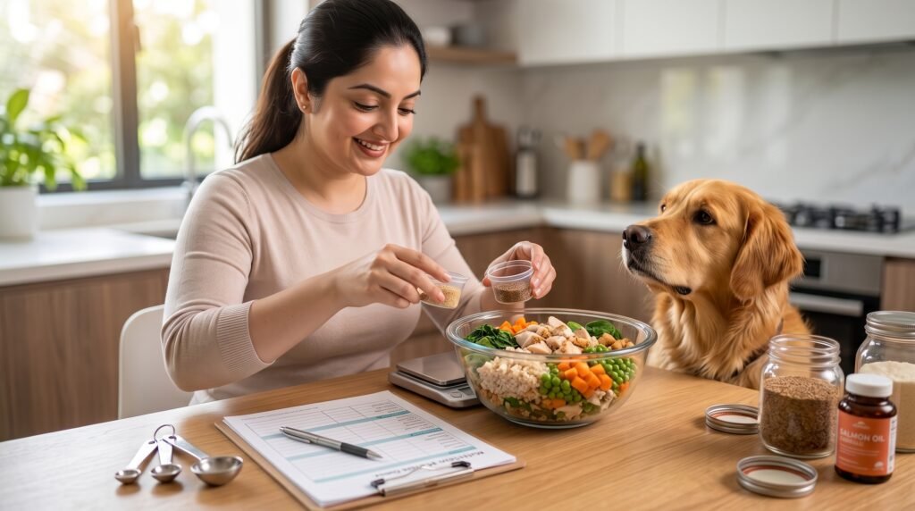 Dog owner measuring ingredients for balanced homemade dog food
