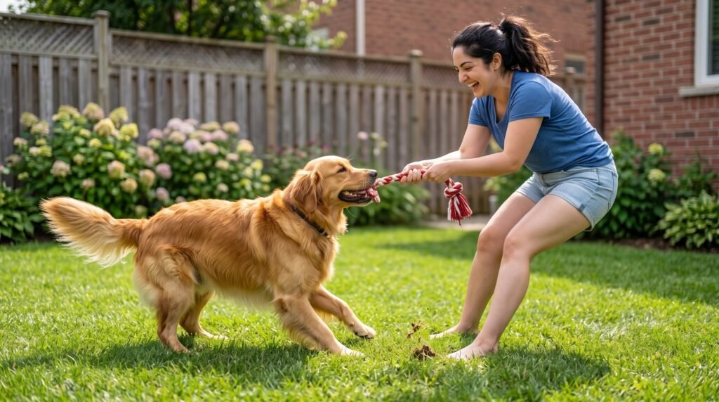 Woman playing tug-of-war with her dog, an example of a playful growl and not a warning
