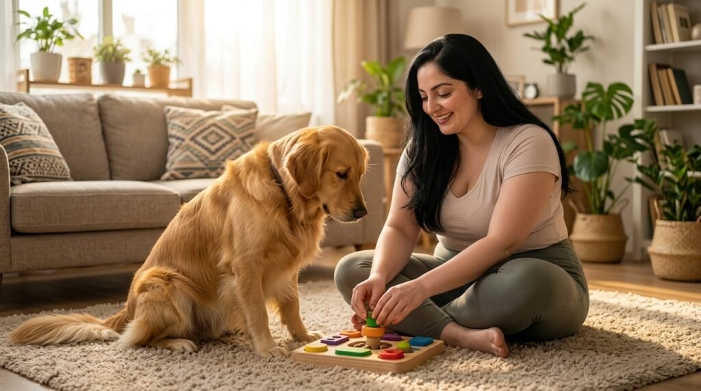 A dog lying near a full food bowl in a kitchen, looking away rather than eating, with a woman crouched nearby looking concerned.