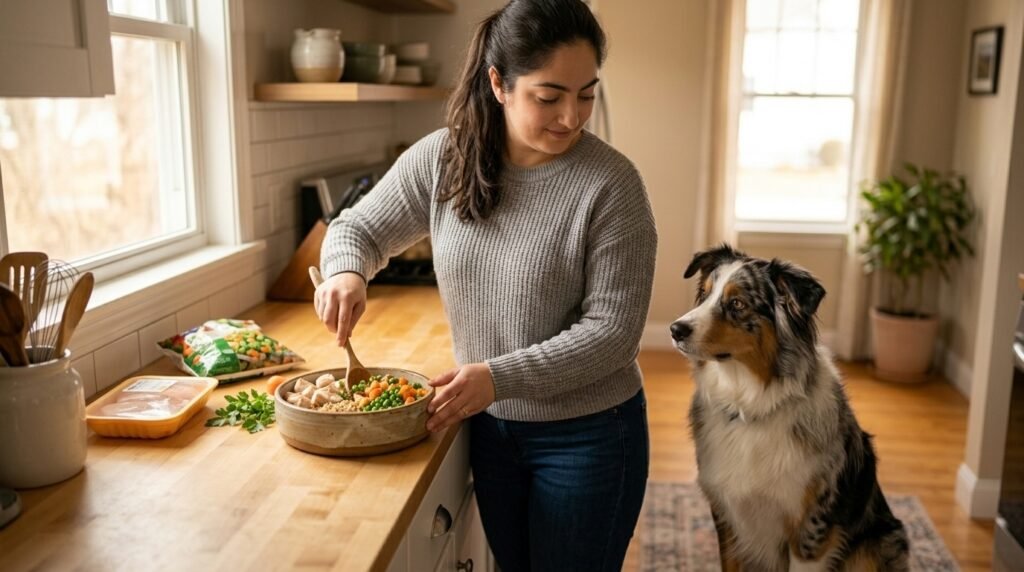 woman preparing dog food 202608Owner preparing a healthy meal, highlighting the nutrition071931
