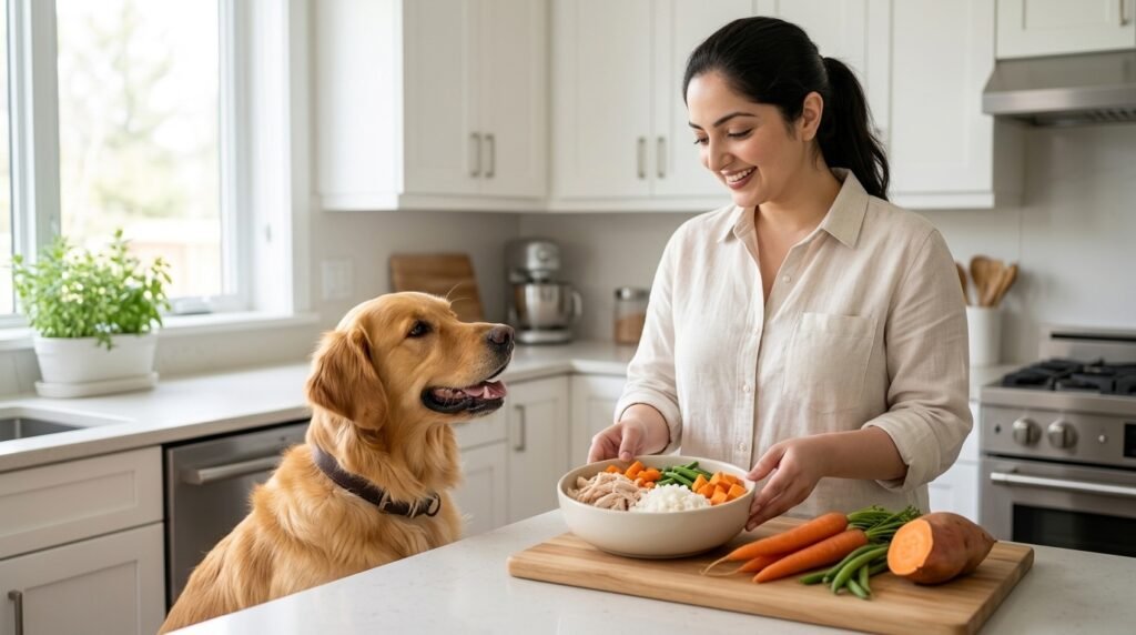 homemade dog food recipe with cooked chicken, rice, carrots, green beans, and sweet potato