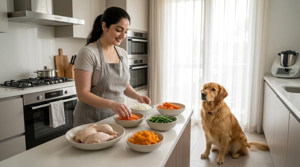 Cooked chicken, rice, carrots, green beans, and sweet potato for homemade dog food