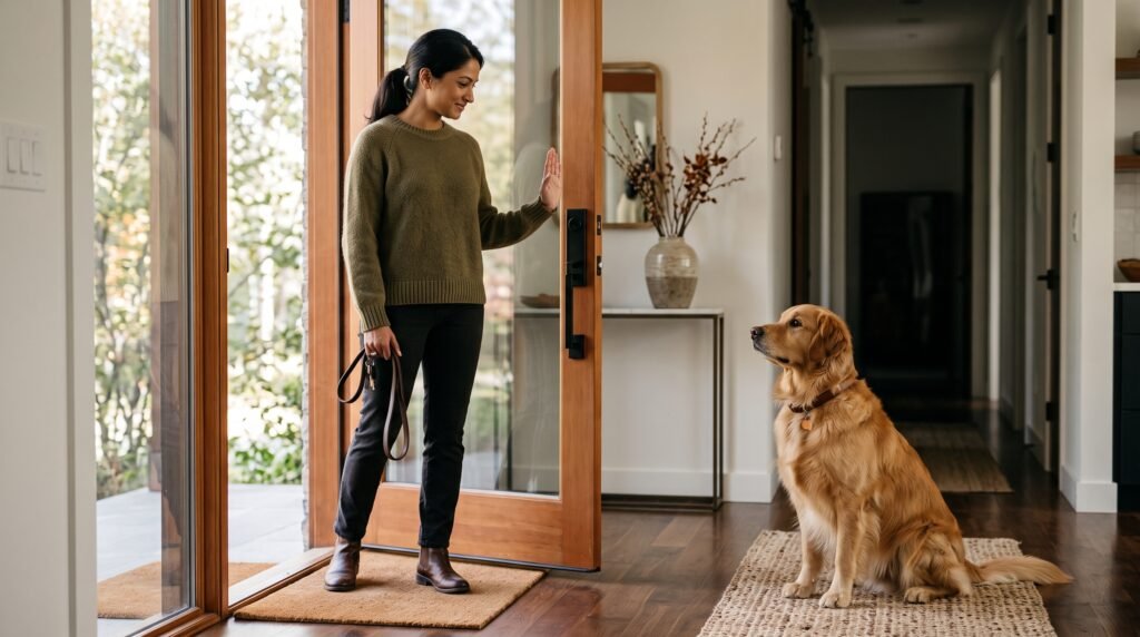Golden Retriever practicing sit and stay near the front door