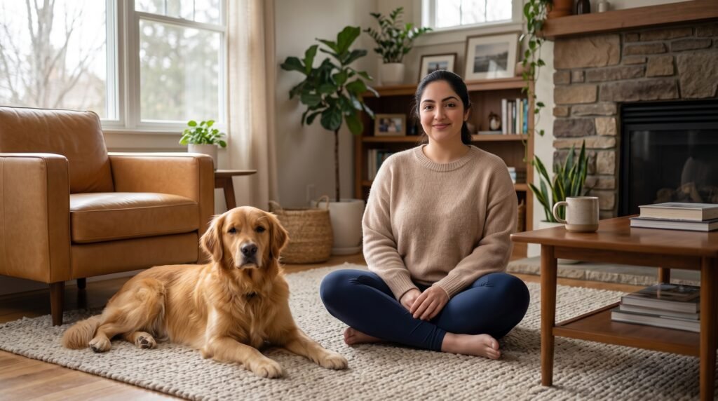 Woman calmly sitting near her dog after a growl, demonstrating the right response to dog growl meaning