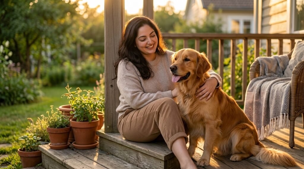 Relaxed, happy dog with its owner after learning to manage signs of a stressed dog