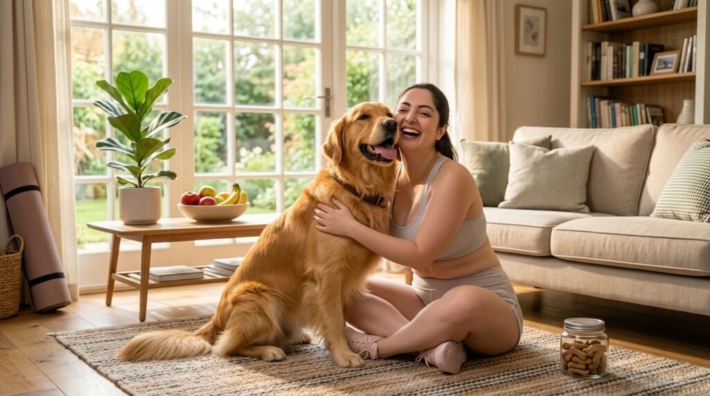 Female dog owner caring for a healthy dog with safe feeding habits