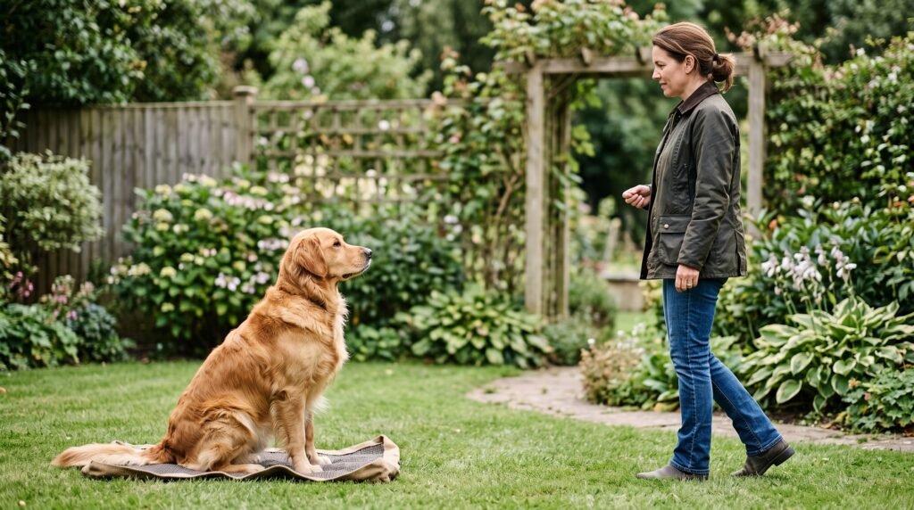Golden Retriever practicing stay while owner gives a hand signal