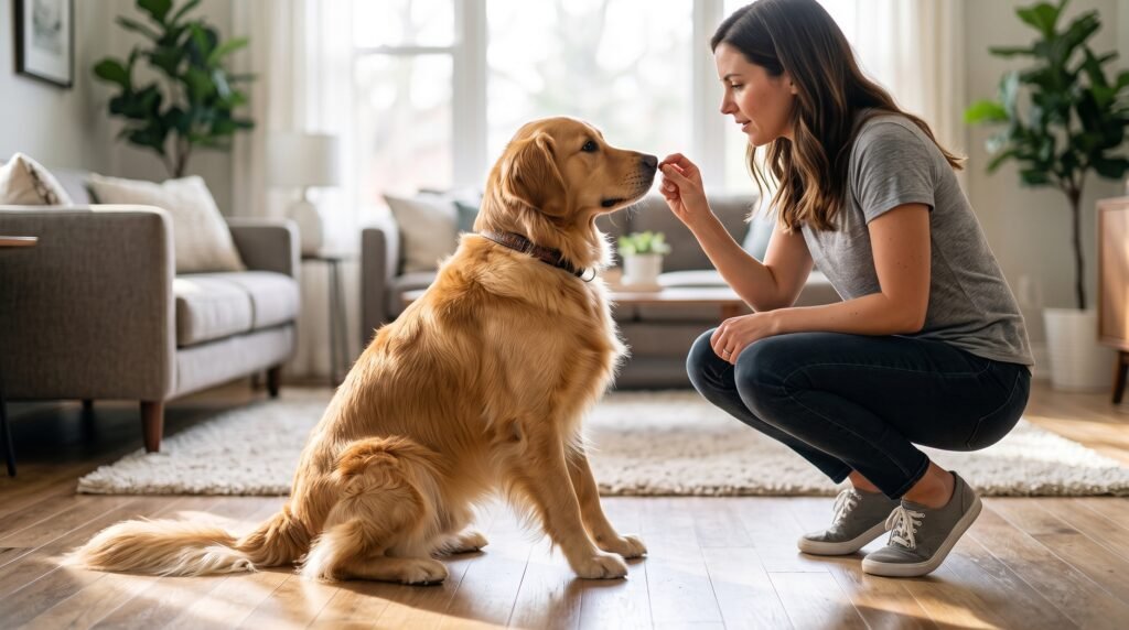 Woman using a treat to teach a Golden Retriever to sit