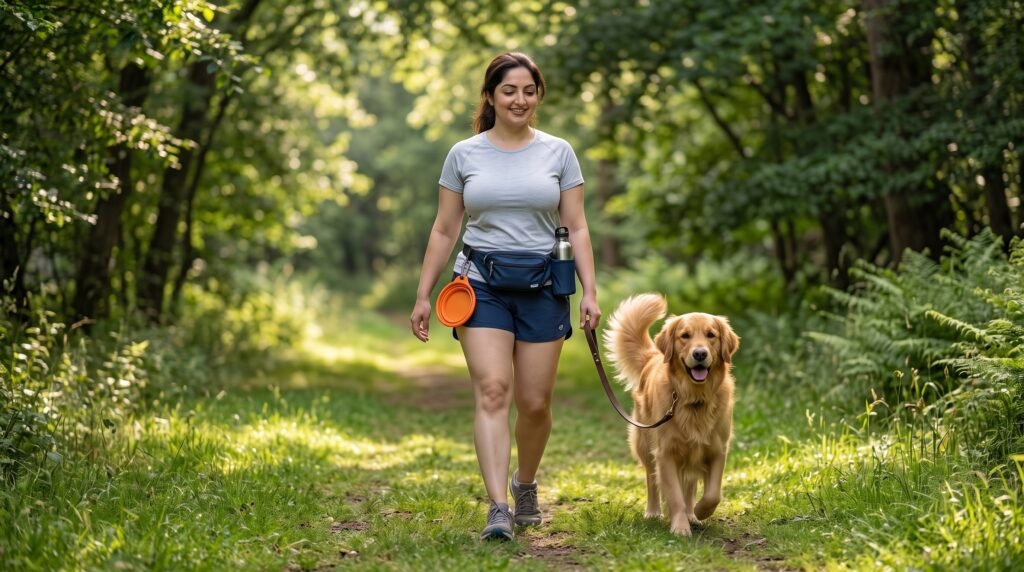 Golden Retriever enjoying a safe early morning summer walk with owner