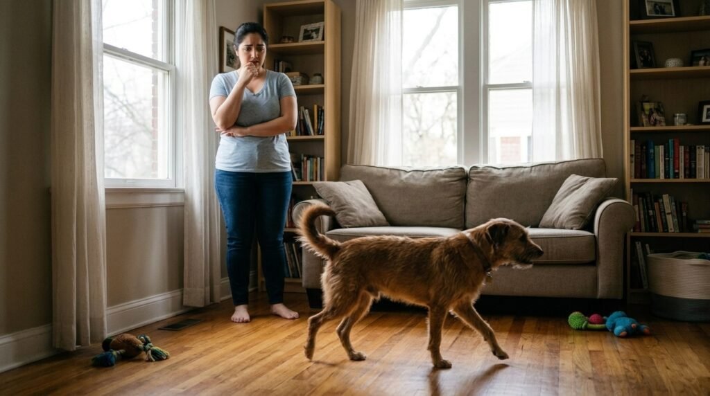anxious dog pacing around room while woman watches