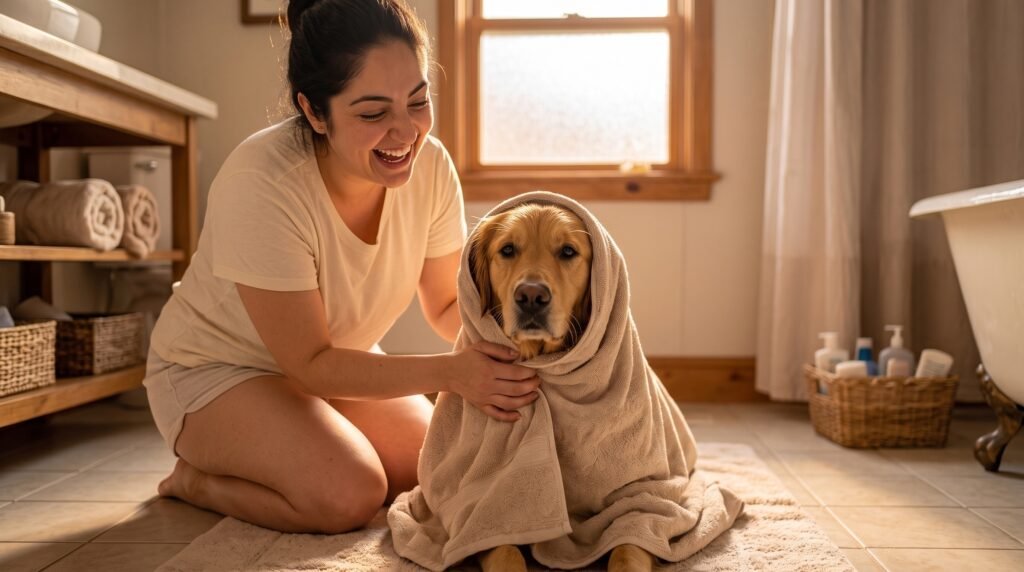 A woman laughing as she playfully wraps a wet Labrador retriever in a microfiber towel and offers a treat.
