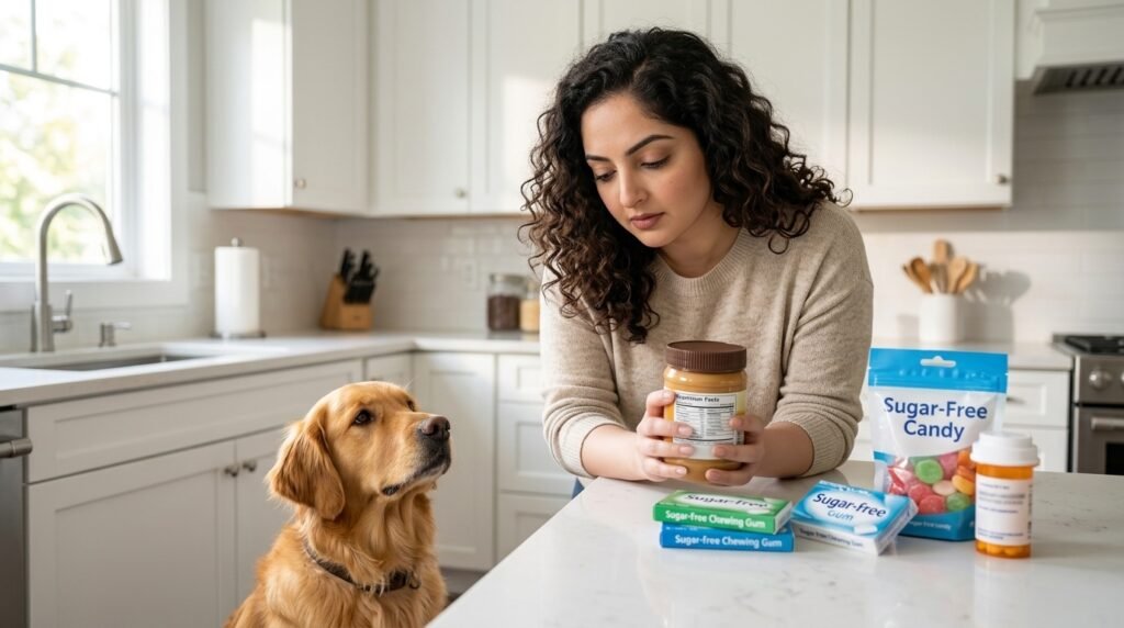 Dog owner checking a sugar-free peanut butter label for xylitol before giving food to her dog