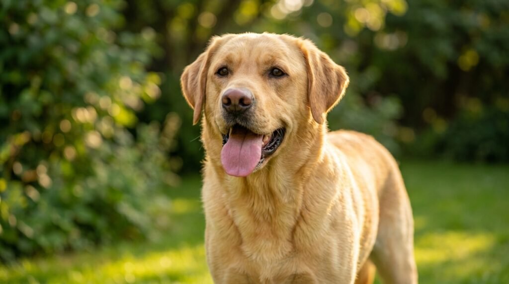 Close-up of a Labrador panting outdoors on a sunny day, tongue out, demonstrating how dogs regulate body heat
