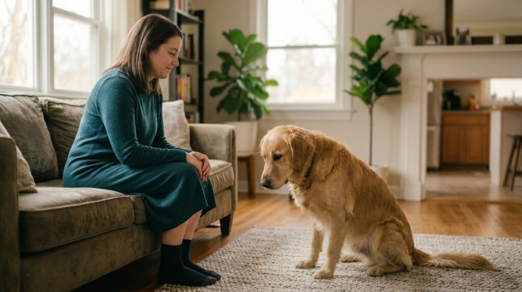 How do dogs apologize to humans? A dog showing calm appeasement body language near its owner