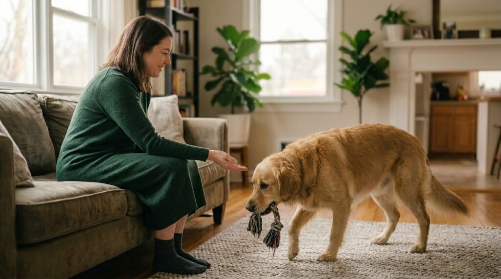 Dog gently offering a favorite toy to its owner after a tense interaction
