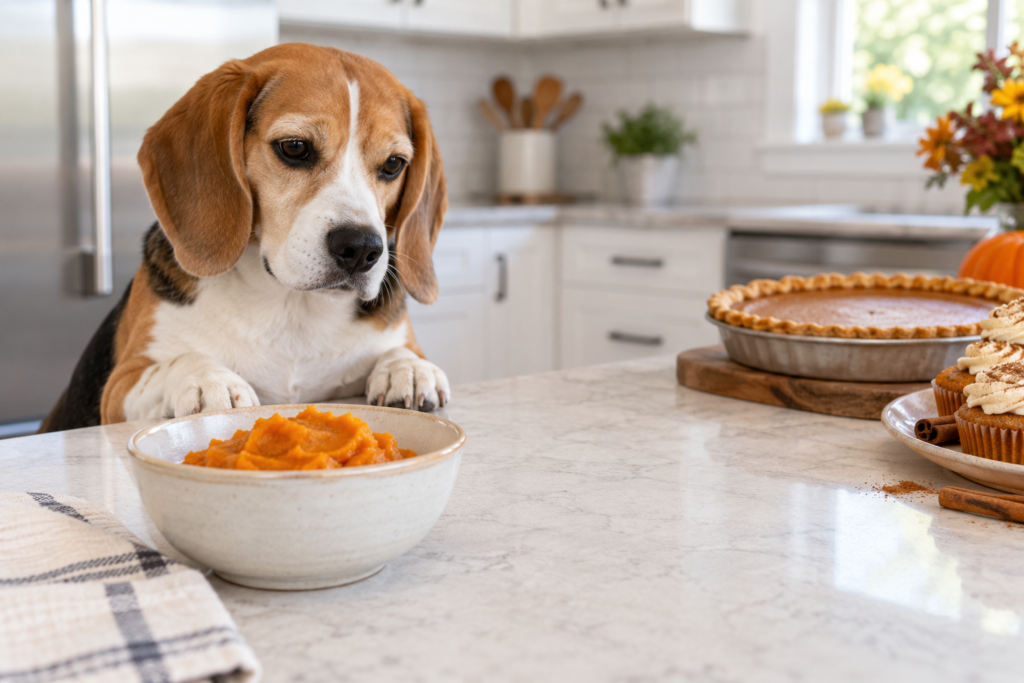 Beagle beside plain pumpkin puree with pumpkin pie kept out of reach