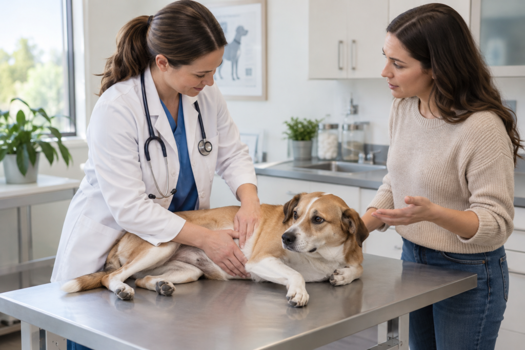 Veterinarian examining a dog with possible digestive discomfort