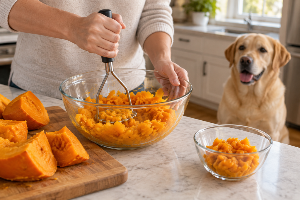 Owner adding a small measured spoonful of pumpkin to dog food