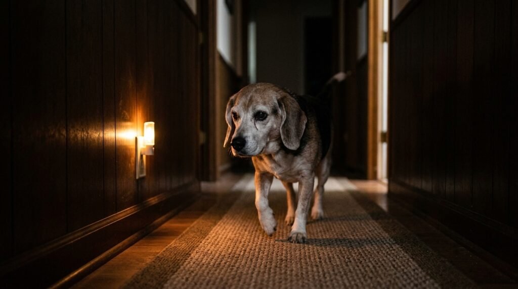Older dog pacing in a hallway during the night