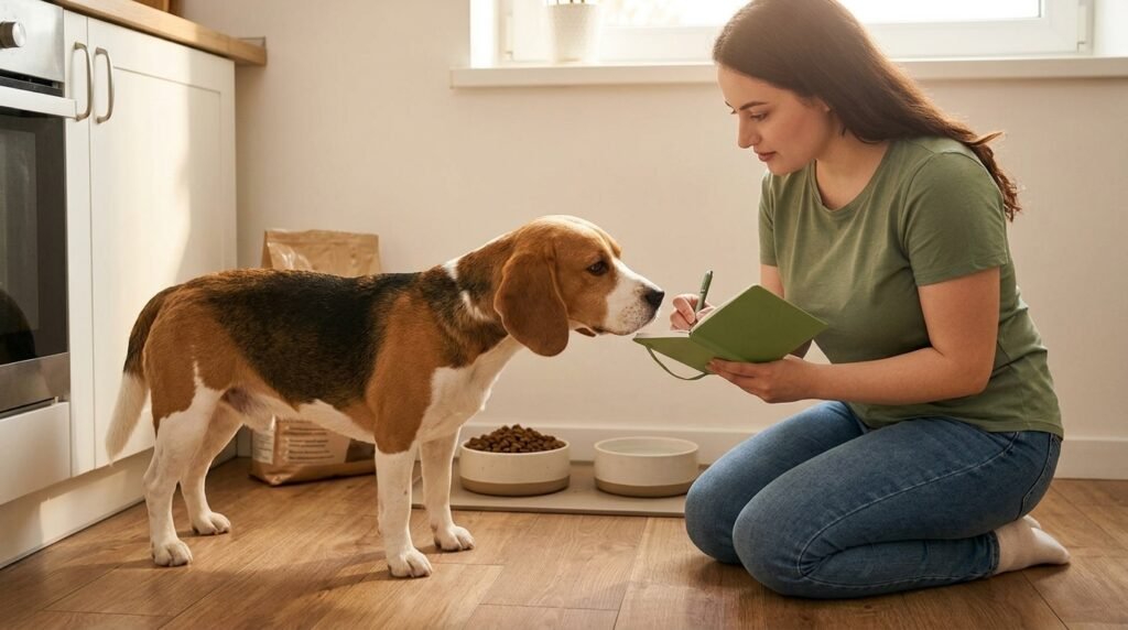 Owner monitoring a dog’s appetite and behavior during a food transition