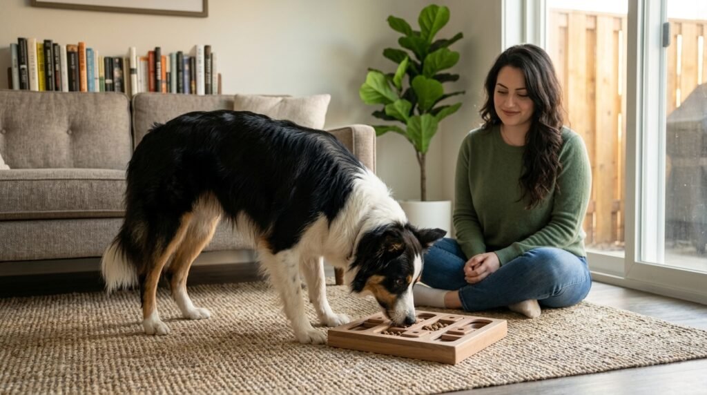 Border collie investigating a food puzzle while its owner supervises