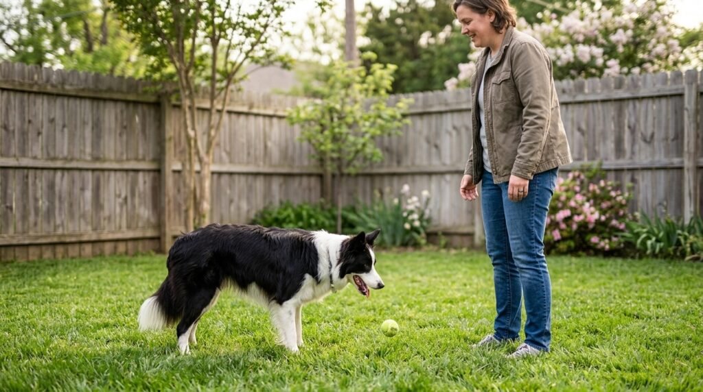 Border Collie releasing a tennis ball on cue during a backyard fetch game
