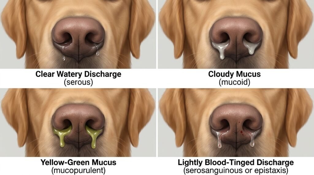 Dog nasal discharge colors including clear cloudy yellow and bloody mucus
