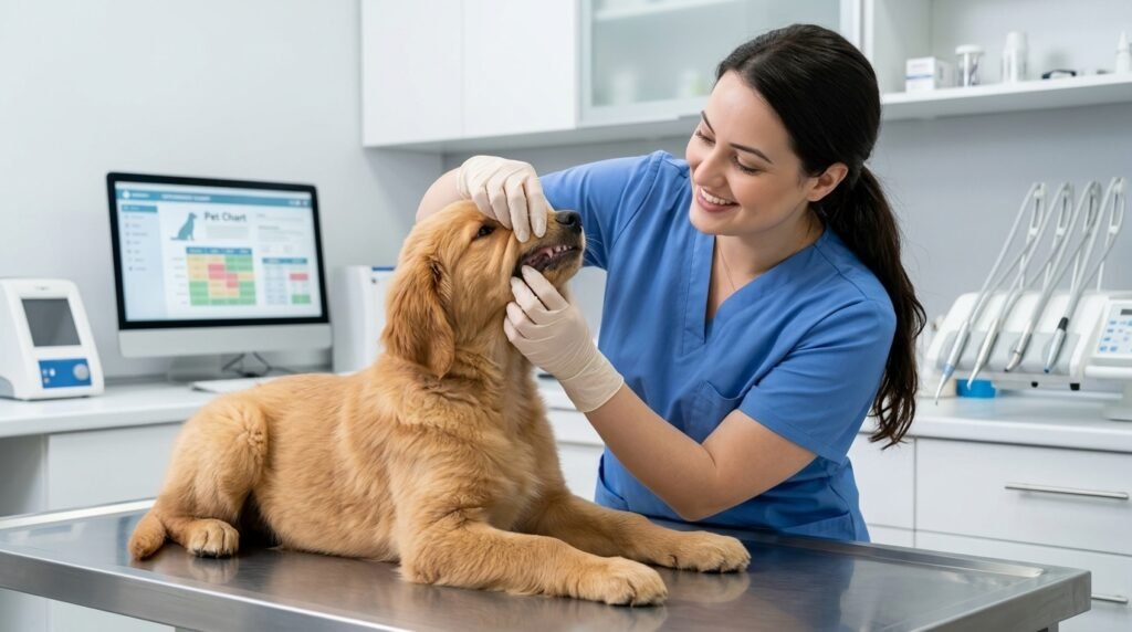 Dog dental care during a veterinary dental examination