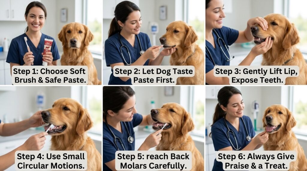 Dog dental care showing how to brush a dog's teeth safely