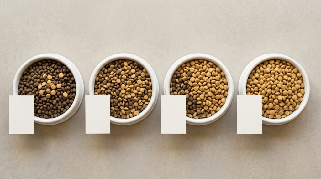 Four bowls showing gradual old-to-new dog food transition ratios