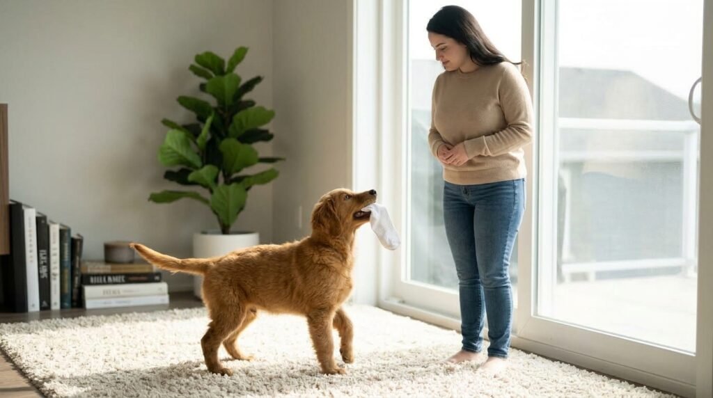 Dog carrying a sock while looking toward its owner