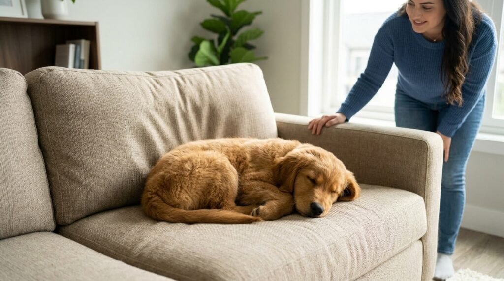 Dog relaxing in a warm couch seat after its owner gets up.
