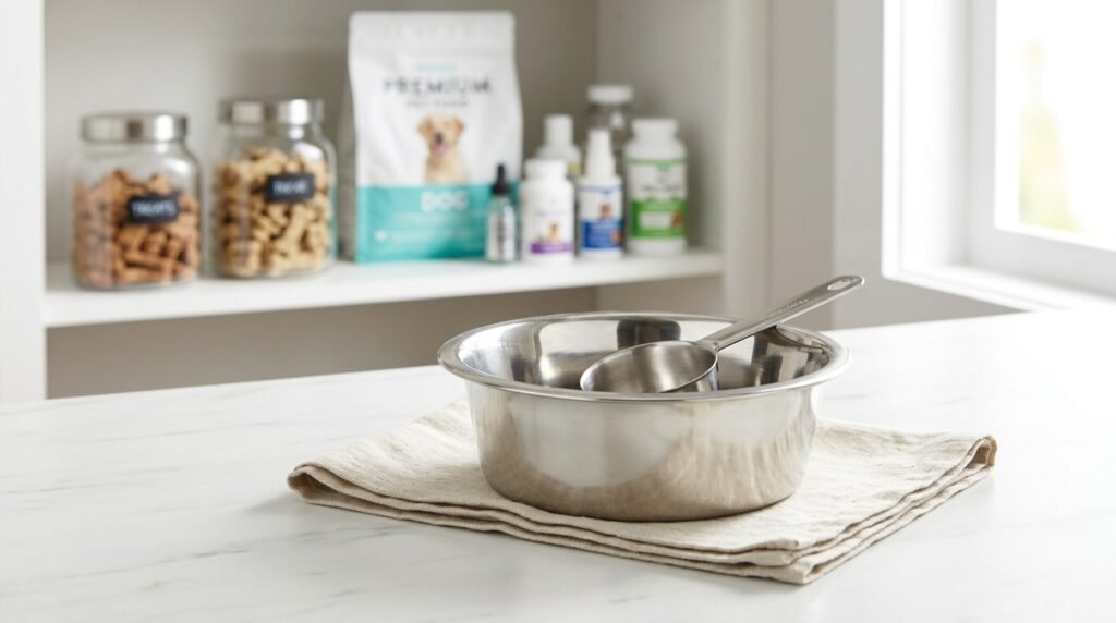 Clean stainless steel dog food bowl and dedicated measuring scoop set in a clean kitchen pantry