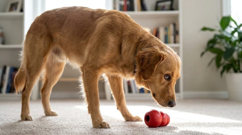 Dog showing subtle resource guarding body language over a chew