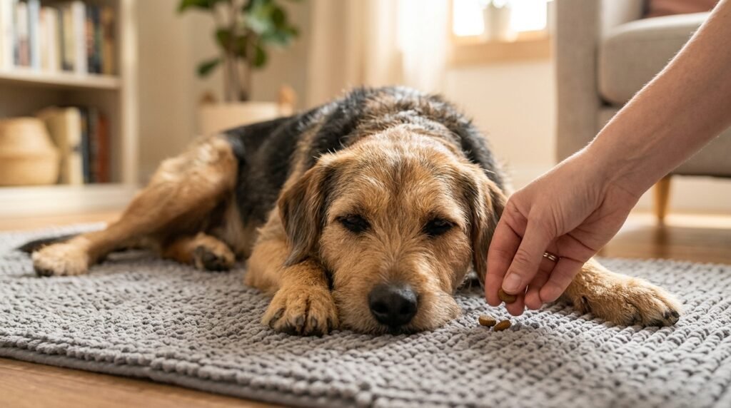 Owner rewarding calm behavior while dog relaxes on a mat