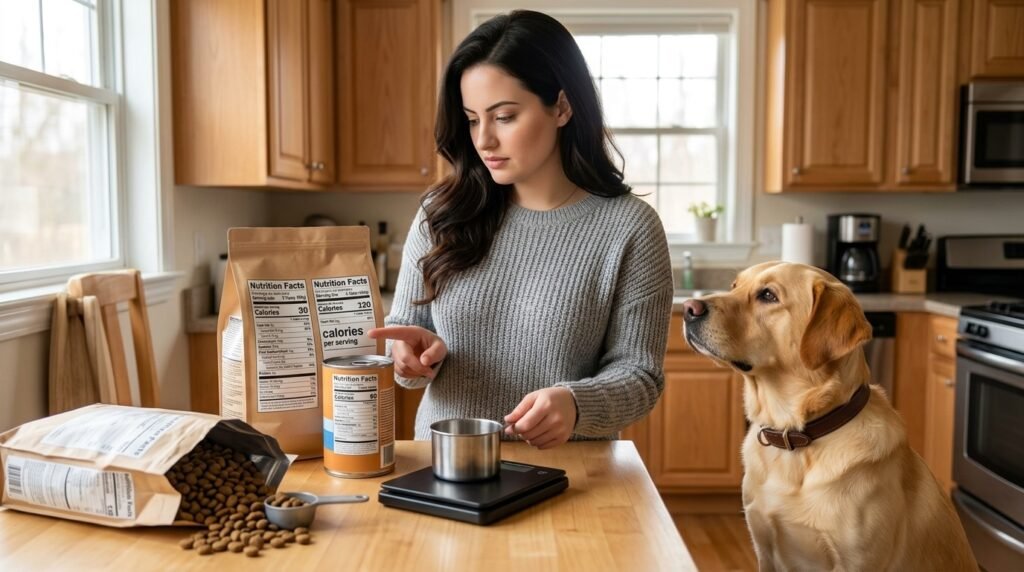 Owner comparing calorie and nutrition information before changing dog food