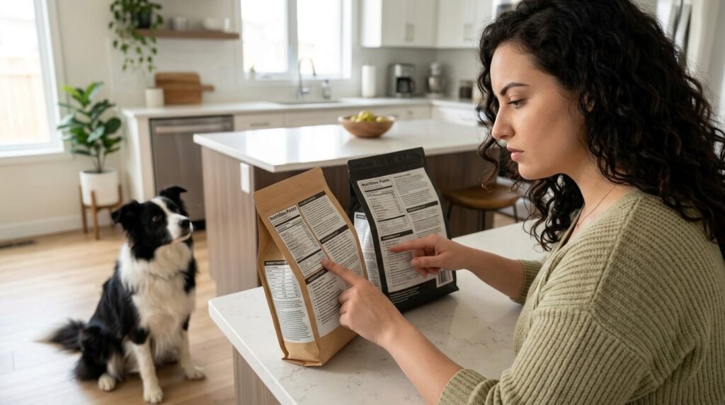 Owner comparing dog food labels for a dog with sensitive digestion.