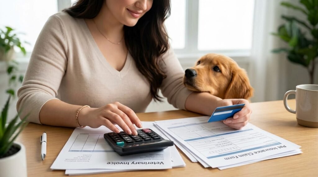 Dog owner reviewing a veterinary invoice and pet insurance claim