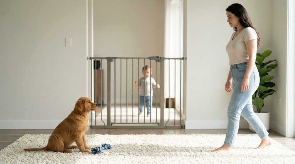 Owner creating safe distance from a dog guarding a toy