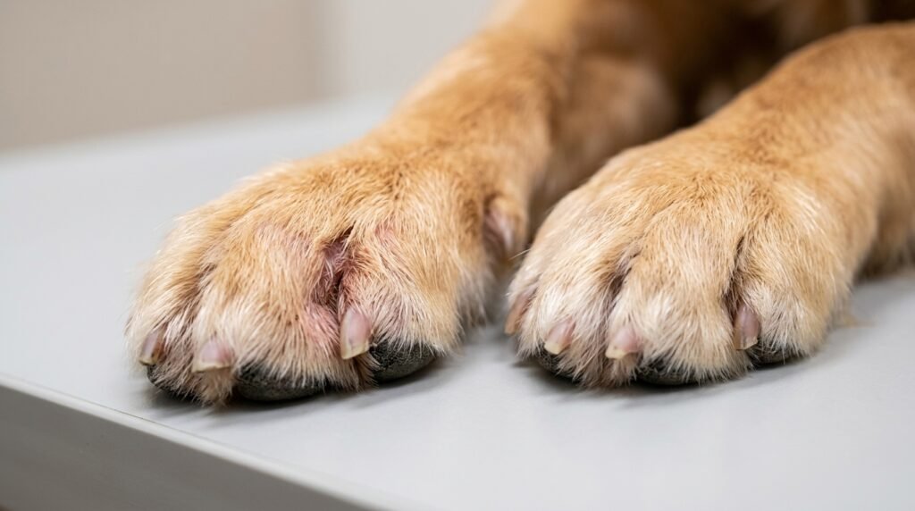 Dog paw showing mild irritation that may cause licking