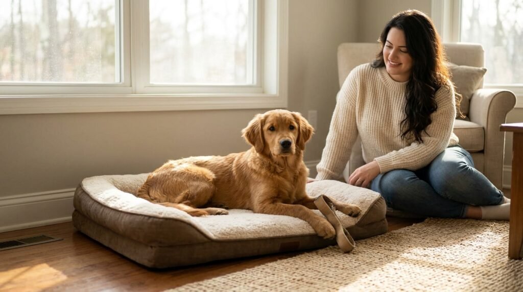 Relaxed dog resting on its bed with a safe chew toy
