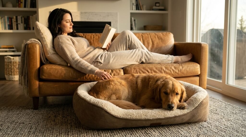 Relaxed dog resting on its own bed beside its owner's couch.