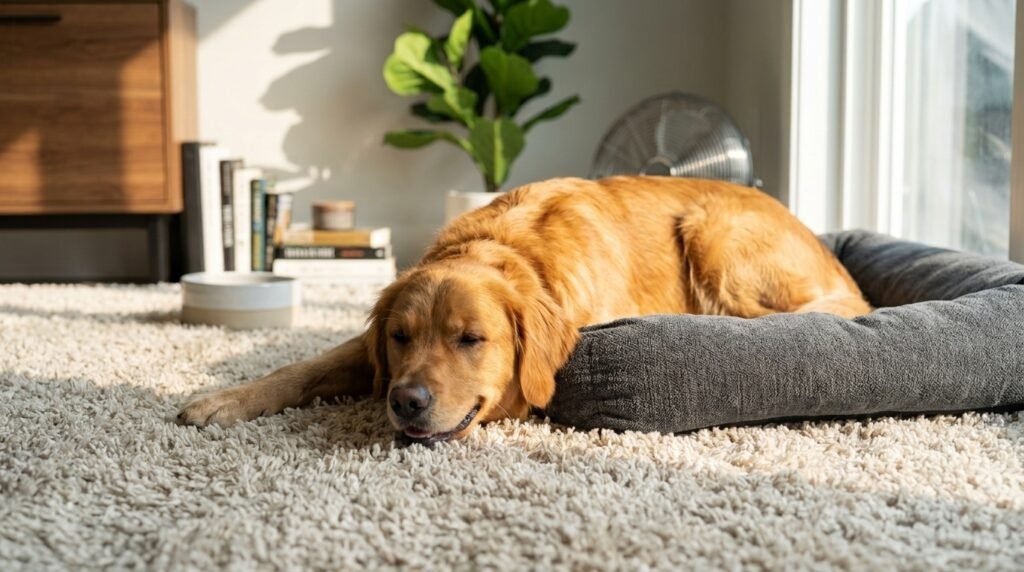 Dog changing sleeping position to stay comfortable in warm weather