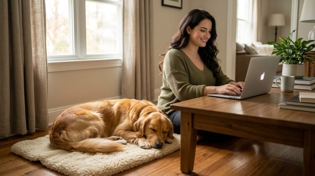 Dog relaxing independently beside owner after settle training