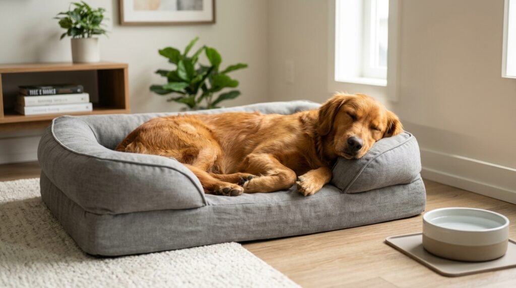 Comfortable dog sleeping on a supportive bed at home