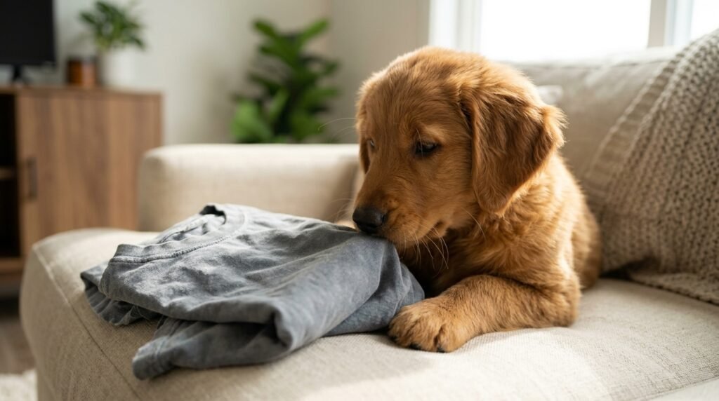 Dog sniffing a shirt that carries its owner's familiar scent