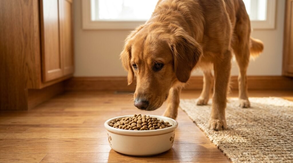 Golden Retriever dog sniffing a fresh bowl of dry kibble cautiously in a bright home kitchen
